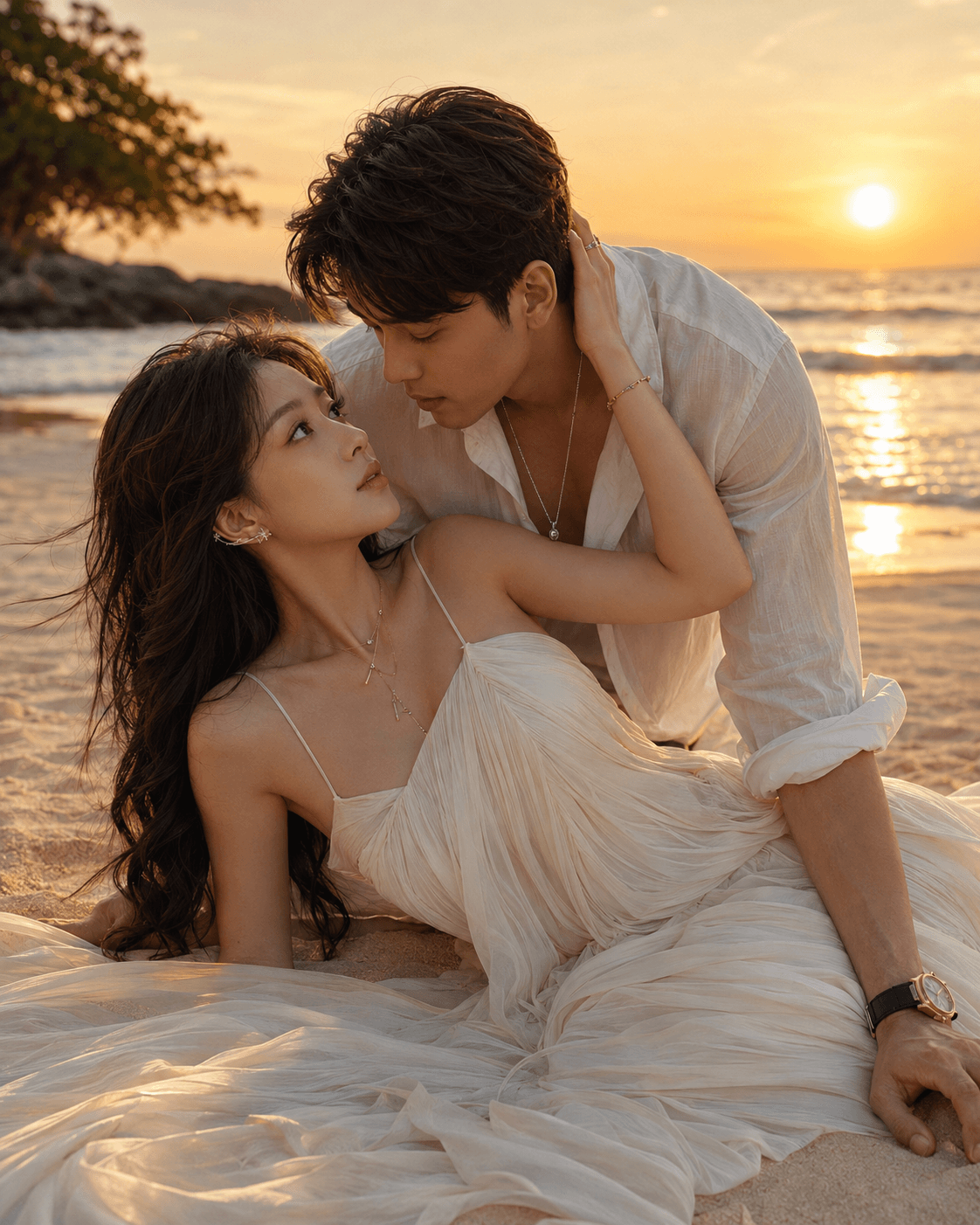Result generated from Romantic Golden Sunset Beach Couple AI Art Prompt | Ultra-Realistic Cinematic Photography