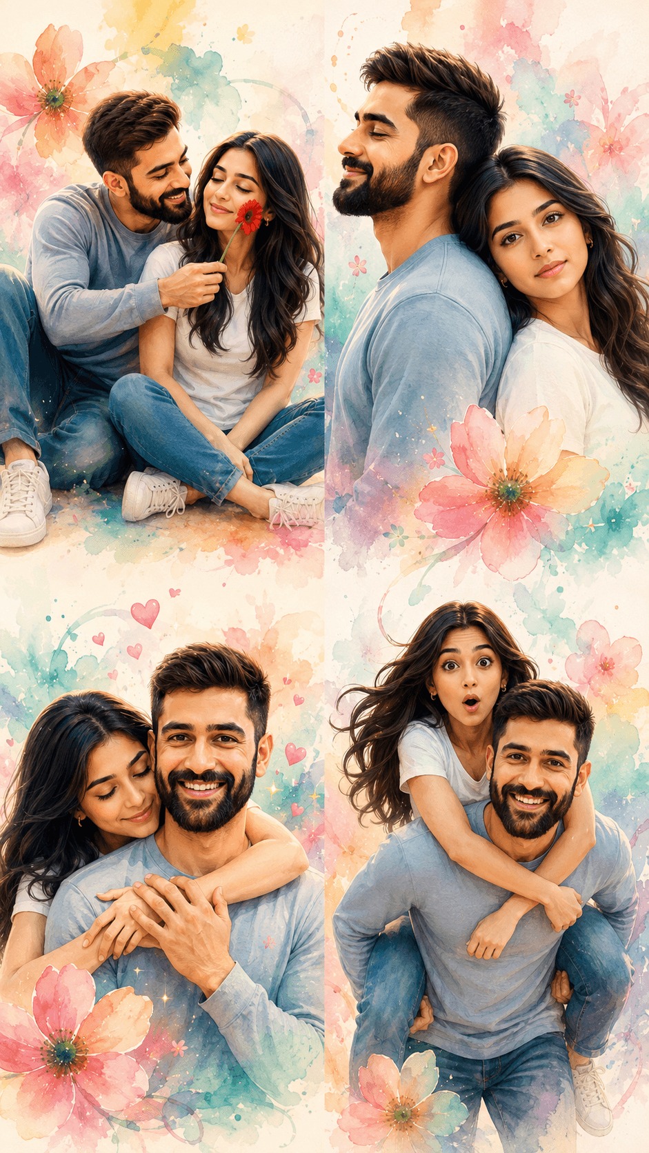 Result generated from 4-Panel Romantic Couple Watercolor Collage AI Prompt | 3D Cartoon Illustration Wallpaper 9:16