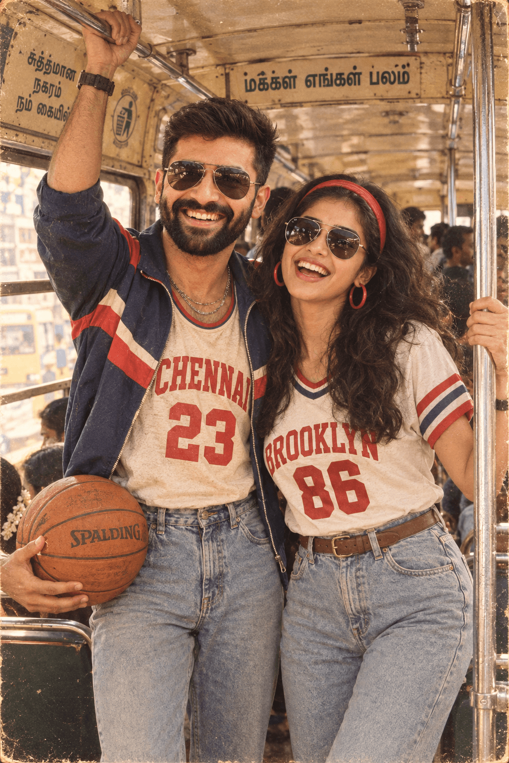 Result generated from 80s Retro Indian Couple AI Photo Prompt | Vintage Bus Romance | South Indian Cinema Style | 4:6 Portrait