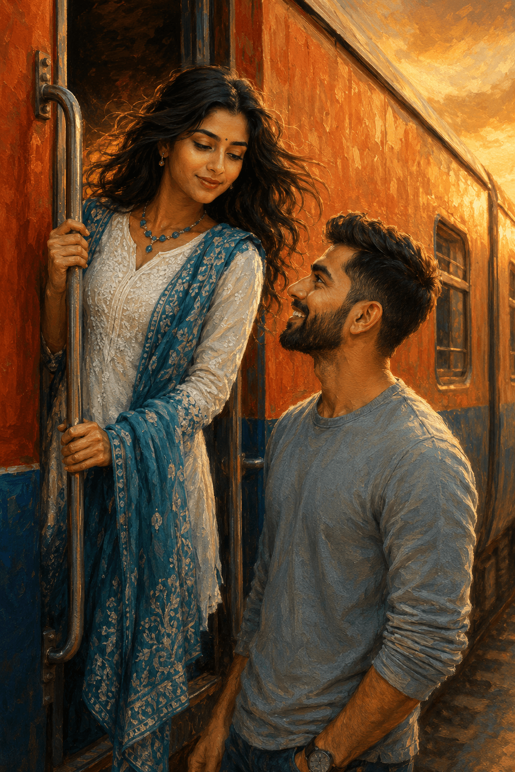 Result generated from Cinematic Romantic Train Couple Oil Painting AI Prompt |