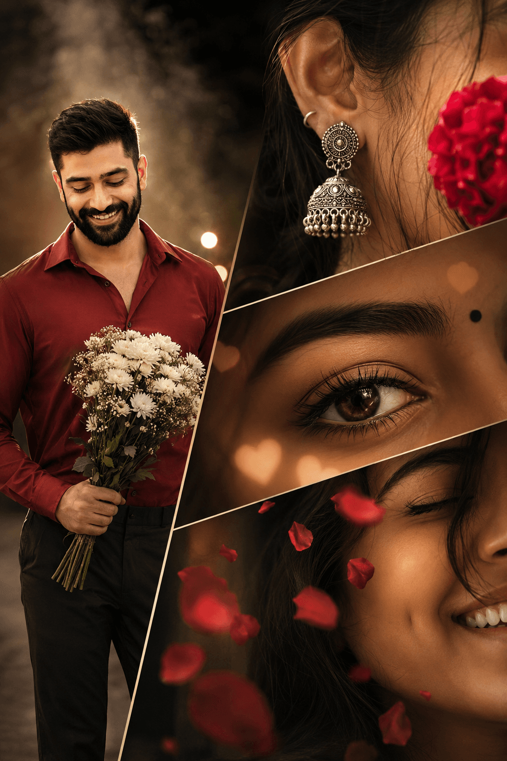 Result generated from Premium Cinematic Romantic Collage AI Prompt – Ultra-Realistic Love Poster With Diagonal Panel Design