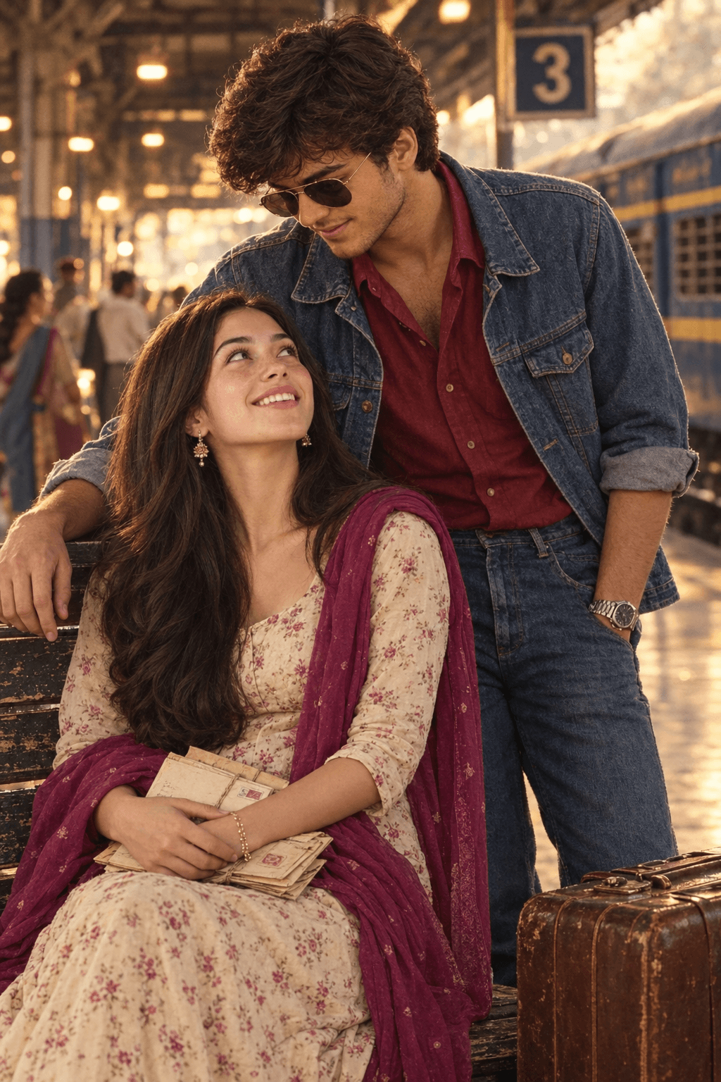 Result generated from Vintage 1980s Indian Cinema Couple AI Image Prompt | Romantic Railway Station Cinematic Portrait