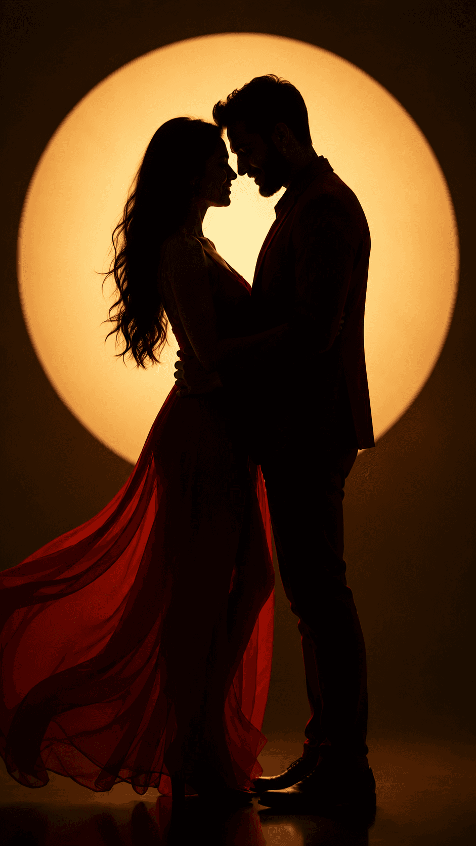 Result generated from Romantic Couple Silhouette AI Art Prompt | Cinematic Golden Light & Red Dress