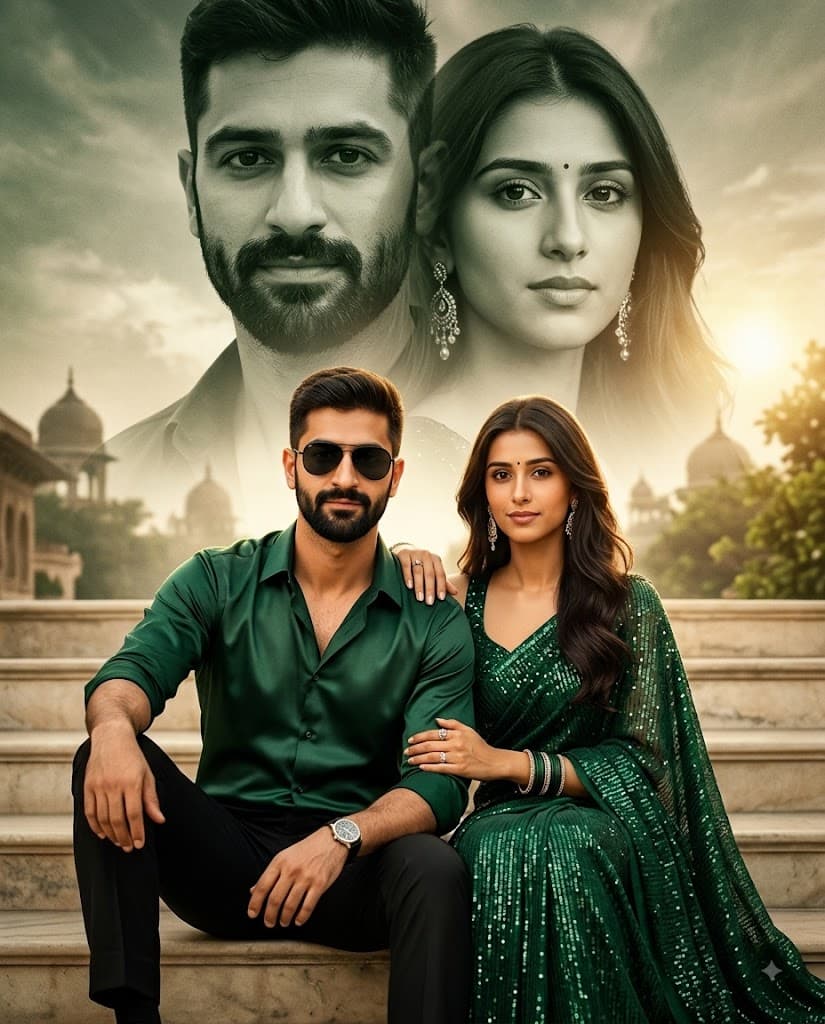 Result generated from Ultra-Realistic Indian Couple Movie Poster AI Prompt – Emerald & Gold Aesthetic