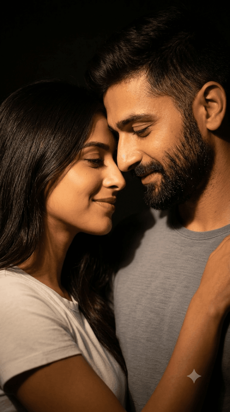 Result generated from Cinematic Romantic Couple AI Prompt | Warm Spotlight Portrait | Photorealistic AI Photo