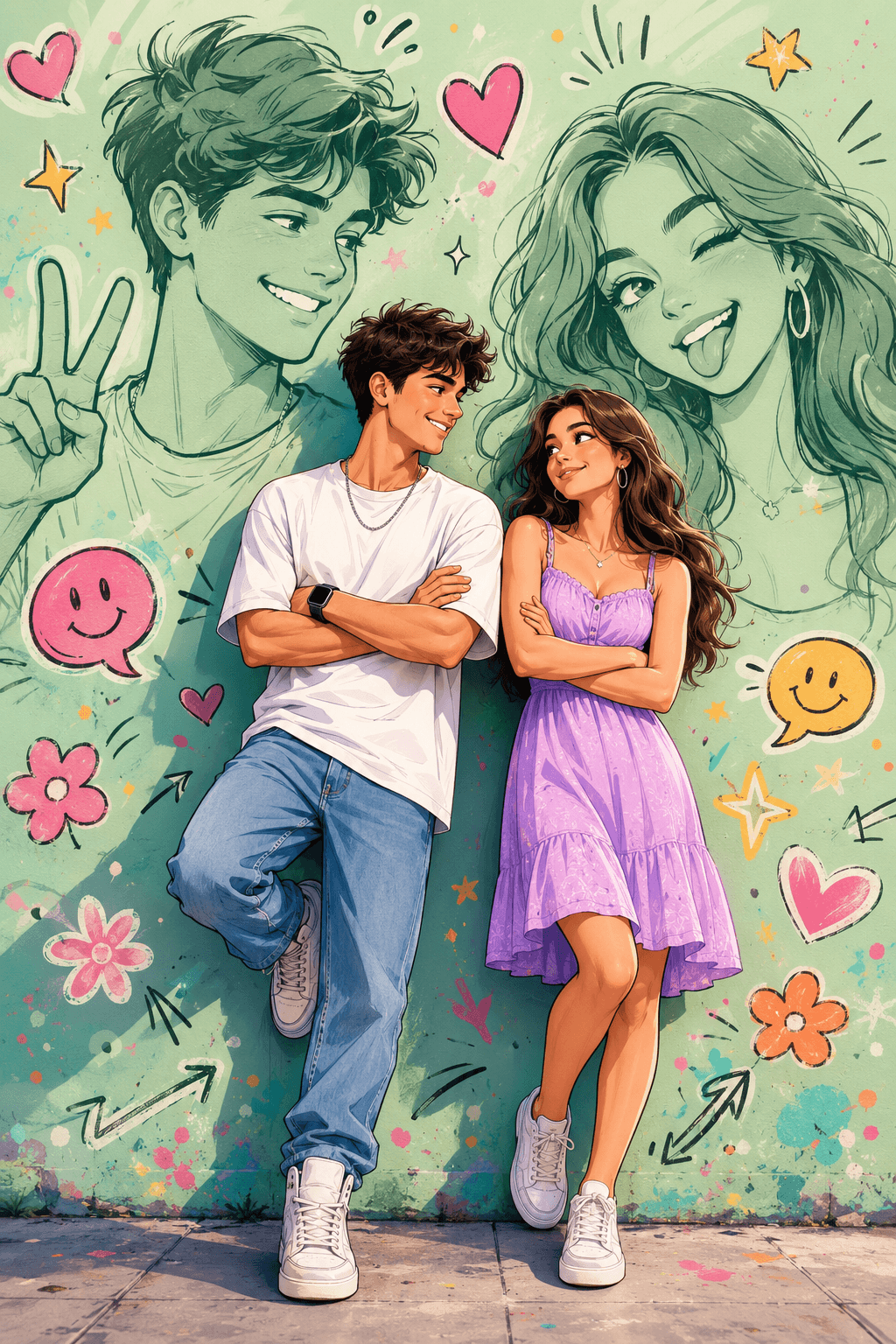 Result generated from Romantic Cartoon Couple Wall Art | Vibrant Pastel Digital Illustration in 8K