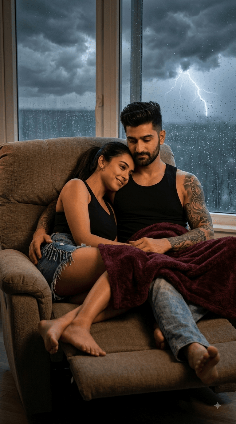 Result generated from Cozy Romantic Couple Prompt - Rainy Day Recliner AI Portrait Generator