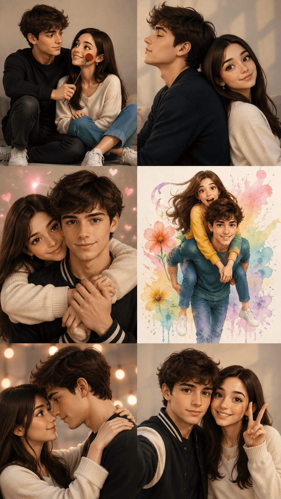 Result generated from 3D Romantic Couple Collage Prompt – 6-Panel Anime Style Wallpaper (9:16)
