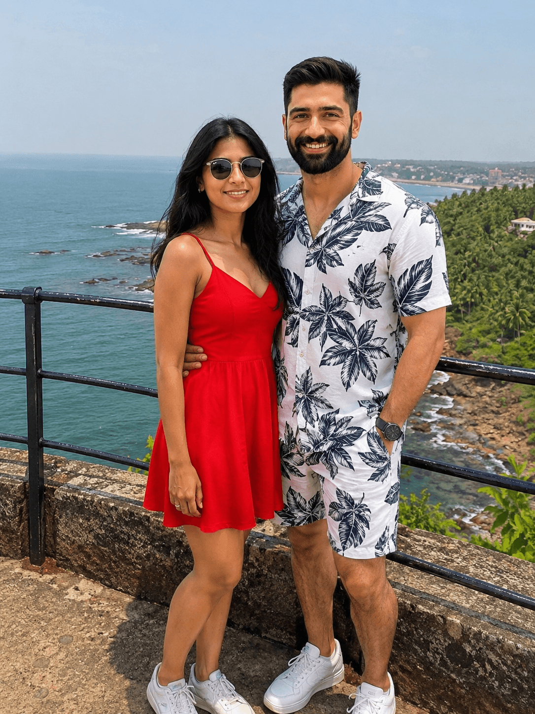 Result generated from Ultra-Realistic Goa Couple Photo Prompt – Indian Couple Vacation Portrait at a Scenic Coastal Viewpoint