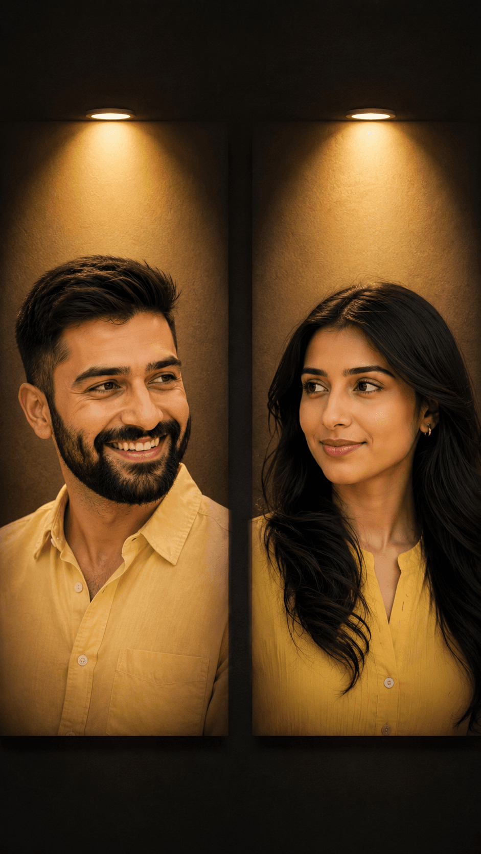 Result generated from Create a cinematic romantic couple portrait with this premium AI image prompt. Designed for Midjourney, ChatGPT, DALL·E, and other AI image generators, this prompt creates a full-body couple walking hand-in-hand into a dramatic warm golden spotlight, surrounded by deep darkness.