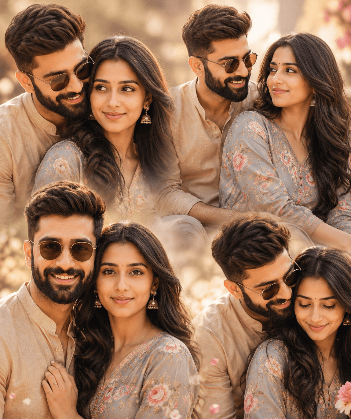Result generated from Dreamy Romantic Indian Couple Collage Prompt | Cinematic Golden Hour AI Portrait Prompt