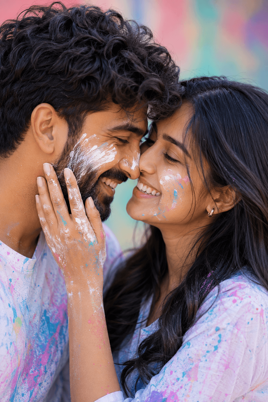 Result generated from Photorealistic Indian Couple Portrait Prompt | Romantic Paint-Splashed Close-Up | Ultra Realistic 8K AI Photo Prompt