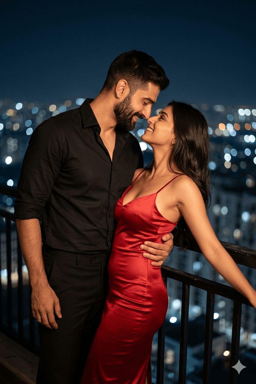Result generated from Romantic Book Cover Prompt: Luxury Balcony Date Night (Indian Couple, Cinematic Bokeh)