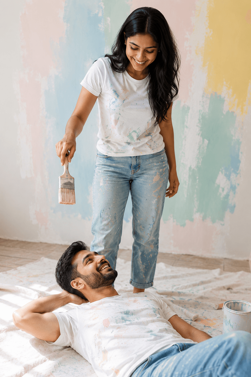 Result generated from Indian Couple DIY Home Painting Prompt for AI Image Generation | 8K Realistic Portrait