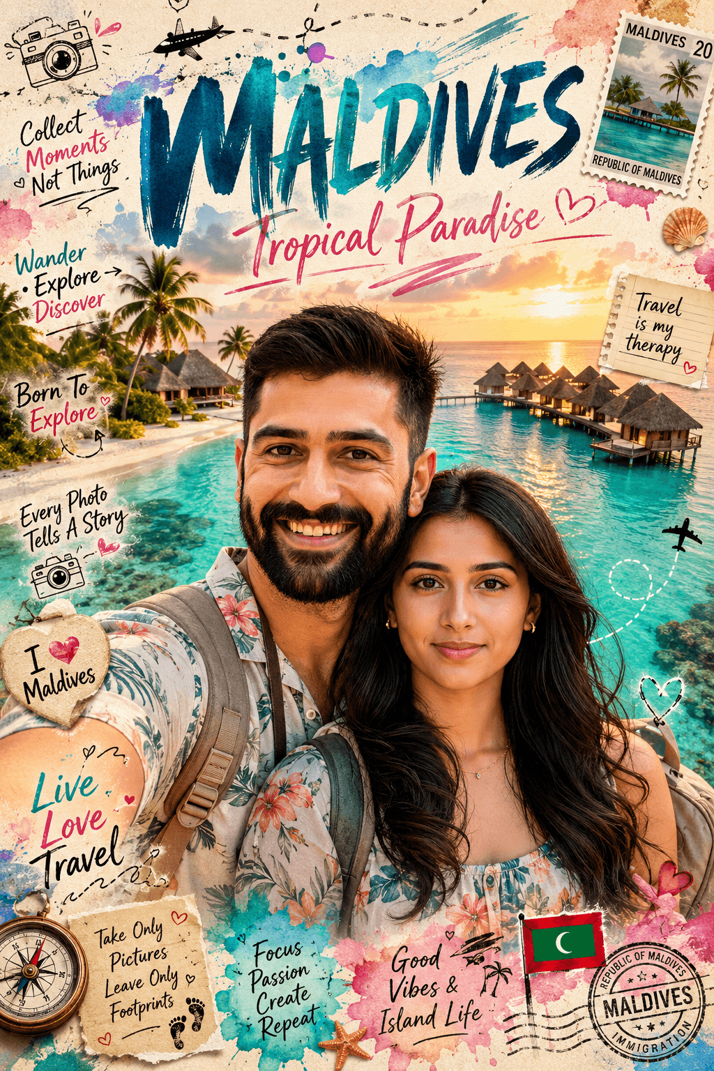 Result generated from Maldives Travel Poster AI Prompt | Romantic Couple Vacation Scrapbook Collage |