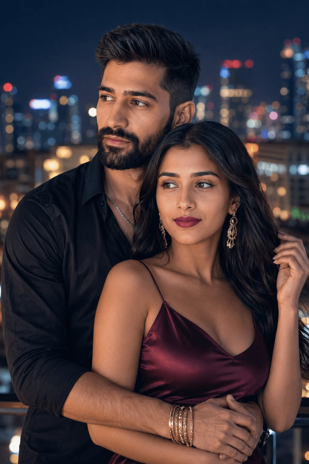 Result generated from High-Rise Night Life: Romantic Couple in Red Dress & Black Shirt (High-Resolution Stock Image)