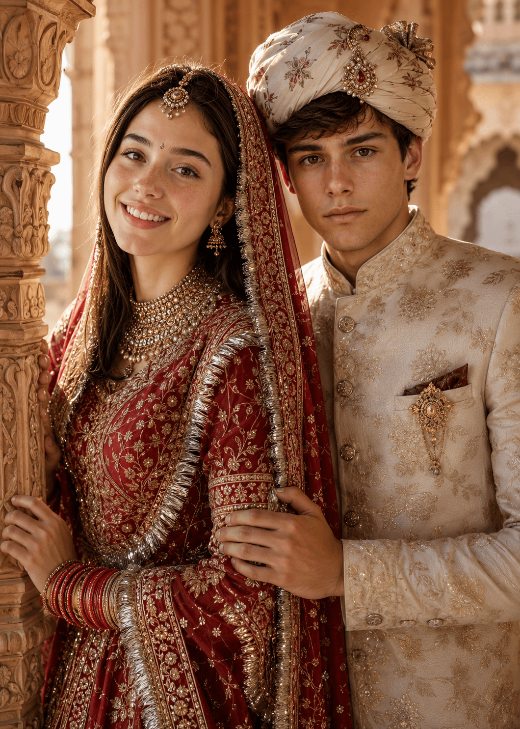 Result generated from Rajputi Wedding Couple AI Prompt | Ultra Realistic Traditional Bridal Portrait with Face Lock Identity Preservation