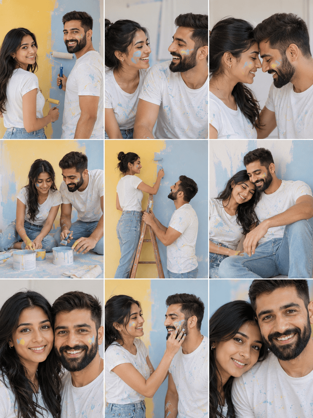 Result generated from Photorealistic Indian Couple Painting Room Prompt | 3x3 Grid Candid Love Story | MidJourney / AI Art Prompt