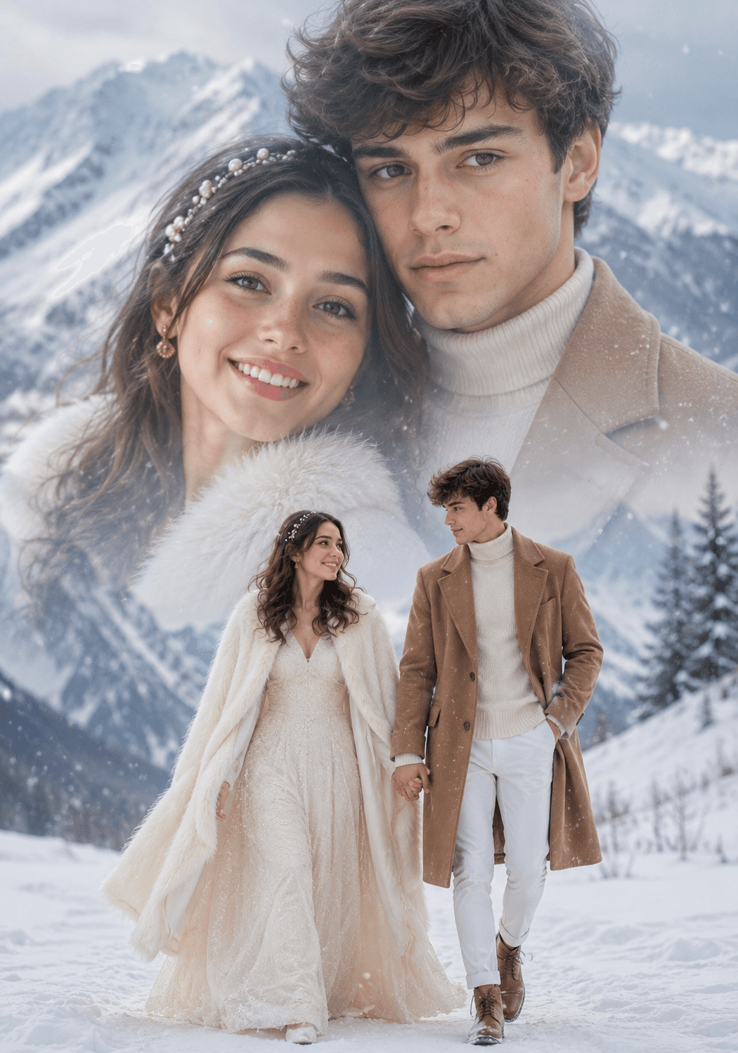 Example result from the Dreamy Double Exposure Snowy Mountain Couple AI Prompt | Cinematic Winter Portrait prompts