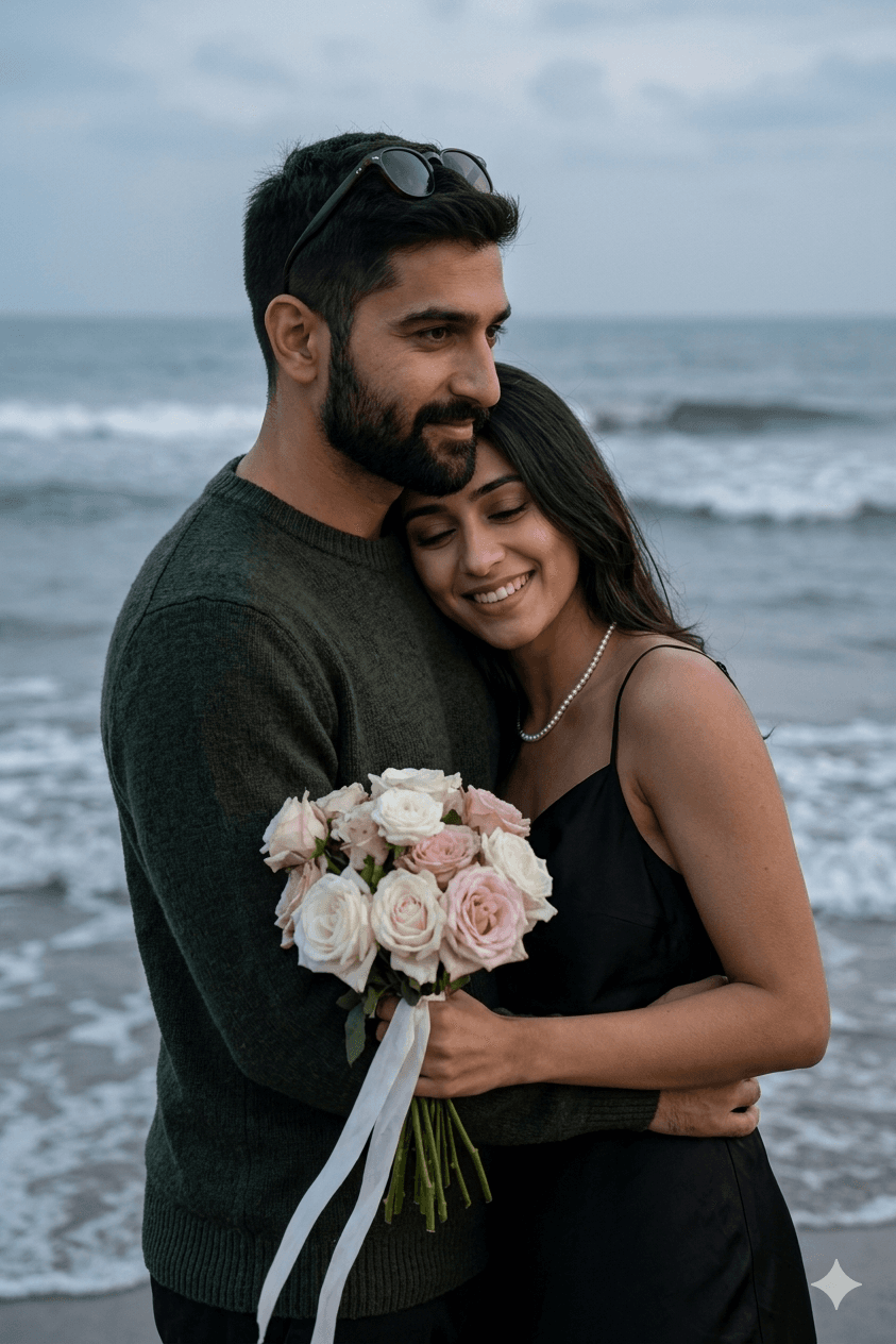 Result generated from Romantic Beach Couple Portrait – Cinematic Love Photo with Roses at Sunset