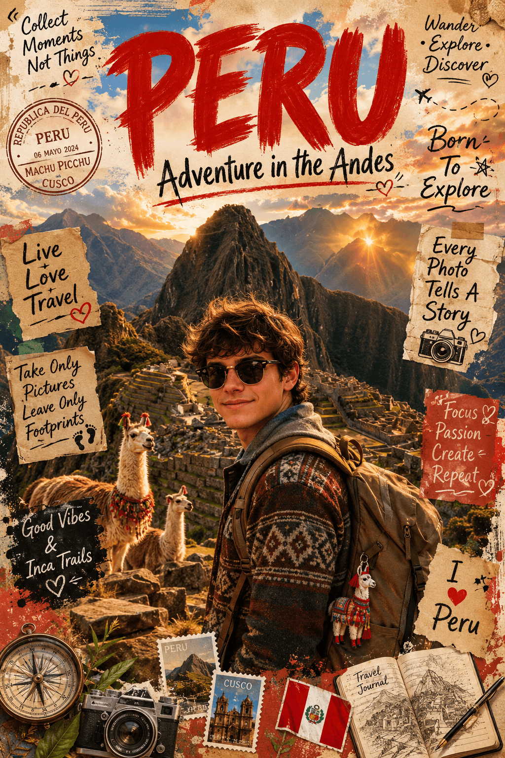 Result generated from Peru Travel Poster Prompt | Machu Picchu Scrapbook Adventure Collage AI Art Prompt | Cinematic Travel Photography Style