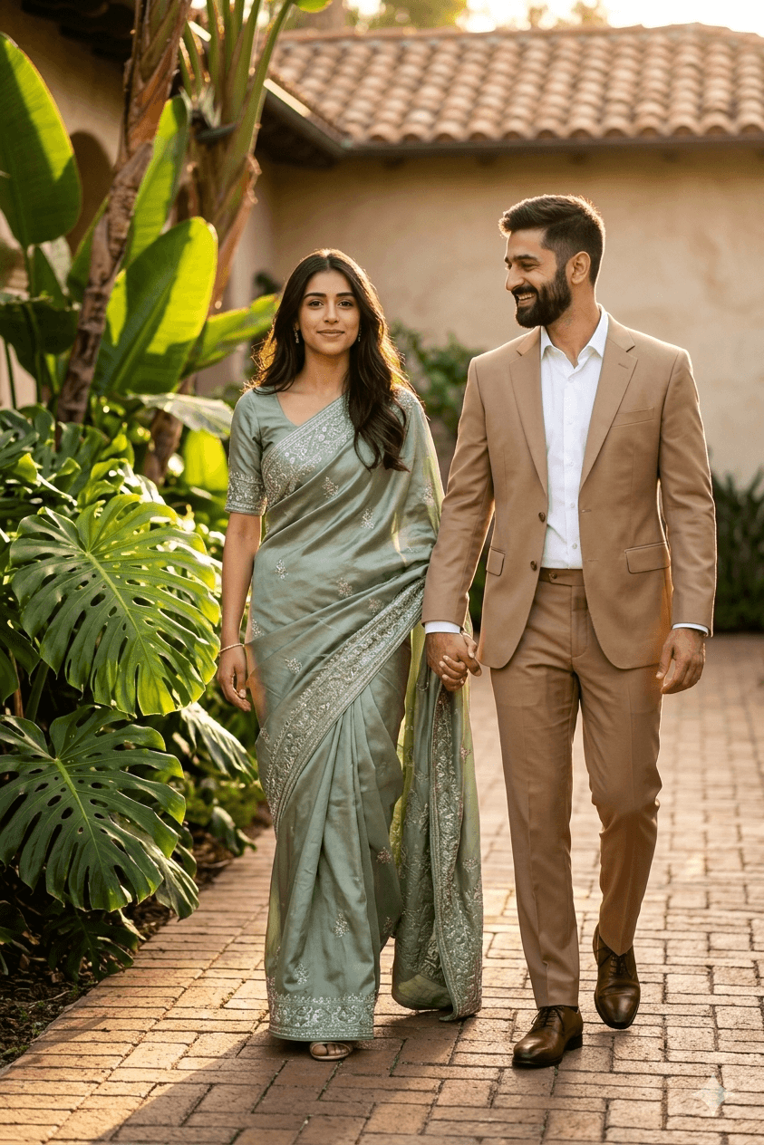Result generated from "Cinematic South Asian Wedding Couple in Golden Hour | Saree & Tan Suit | Realistic 85mm Portrait"