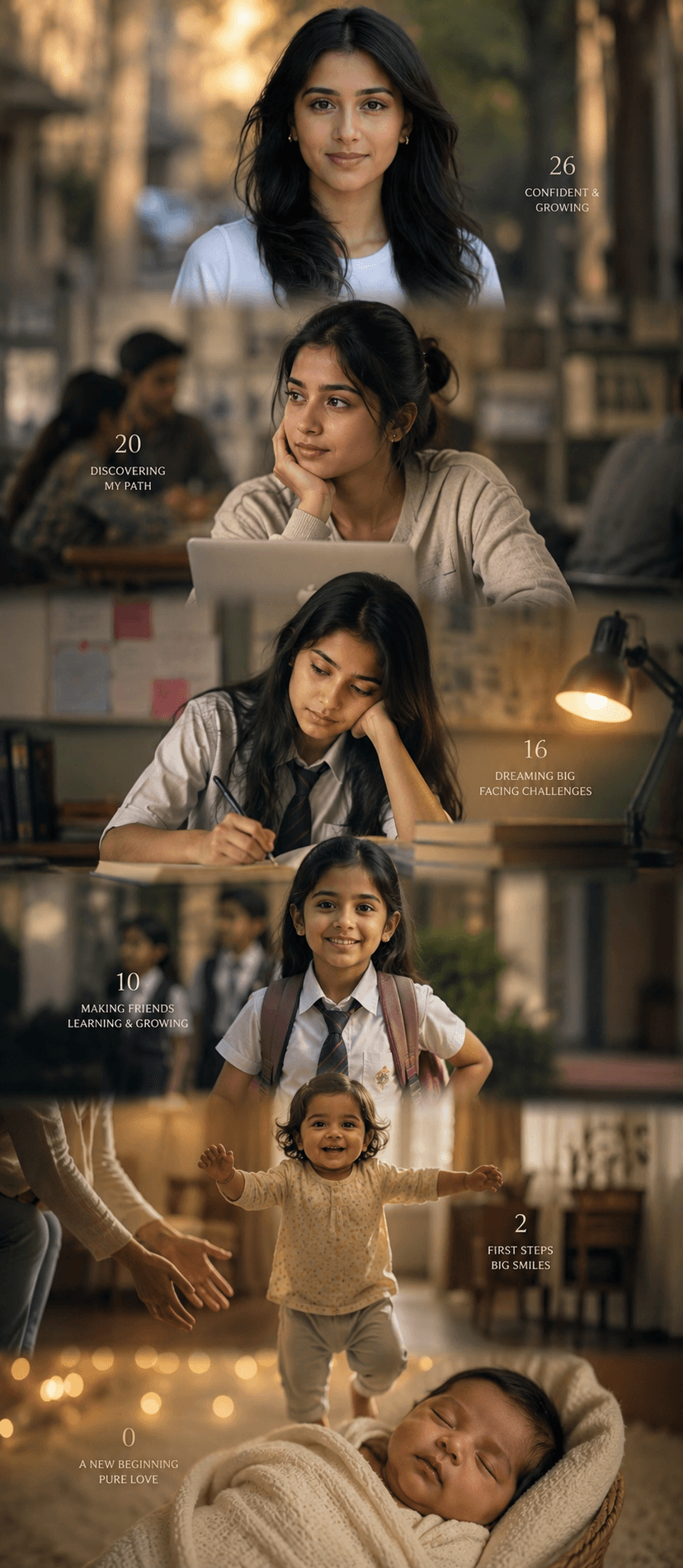Result generated from Ultra Realistic Life Growth Timeline Prompt | Indian Girl Age Progression Cinematic Portrait AI Prompt