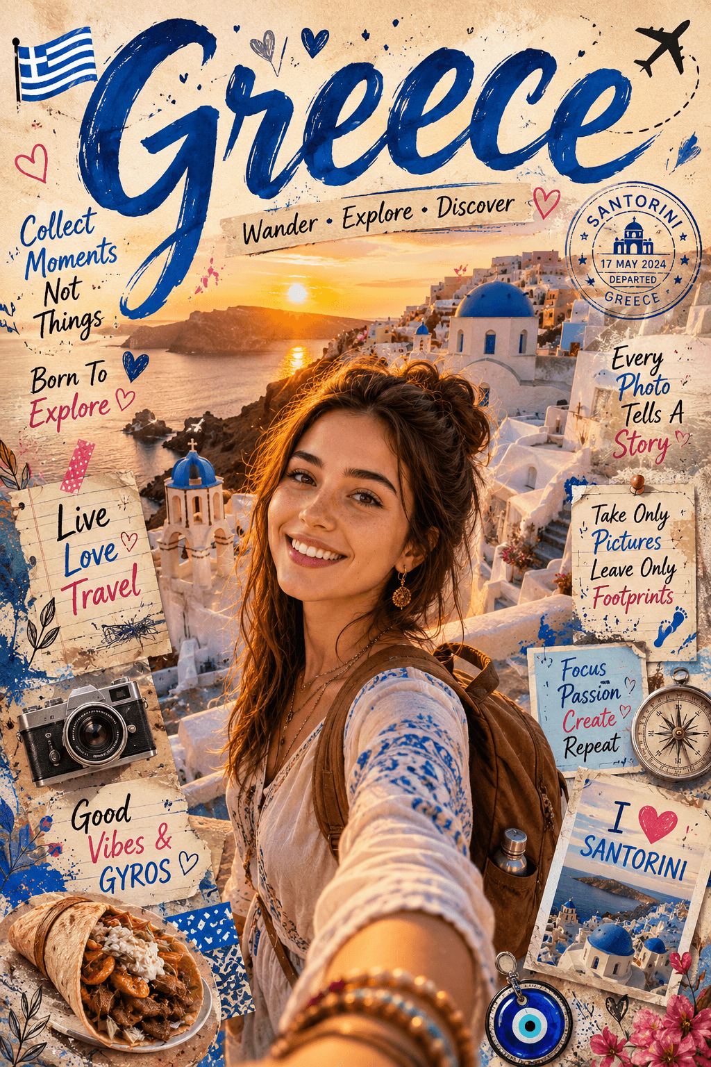 Result generated from Greece Travel Poster Prompt | AI Scrapbook Vacation Collage Generator for Midjourney, DALL·E & Flux