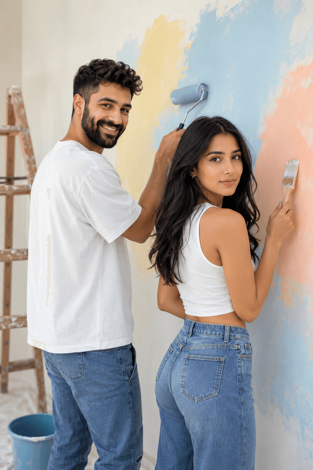 Result generated from Romantic Couple Painting Wall Prompt | Photorealistic DIY Scene AI Image Prompt (8K, Soft Pastel Aesthetic)