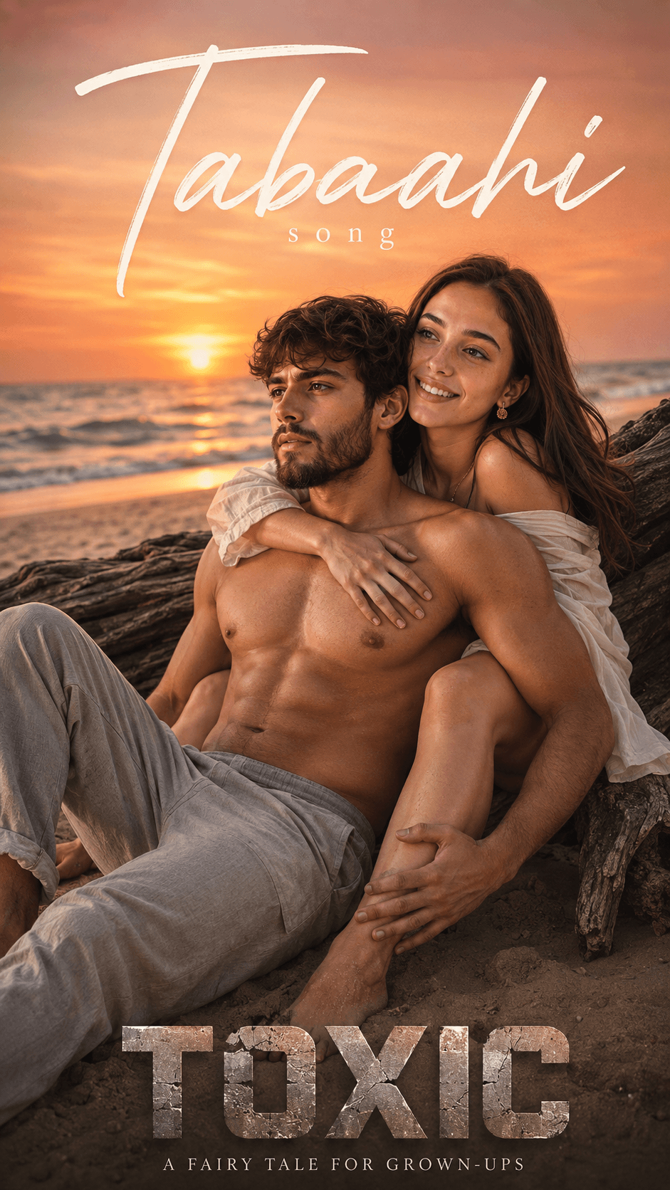Result generated from Tabaahi Romantic Beach Couple AI Photo Prompt | Cinematic Sunset Music Poster