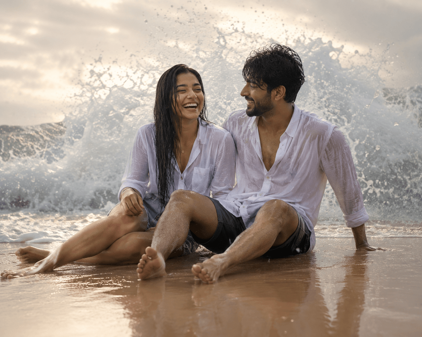 Result generated from Ultra-Realistic Romantic Beach Couple AI Photo Prompt – Cinematic Wave & Golden Hour
