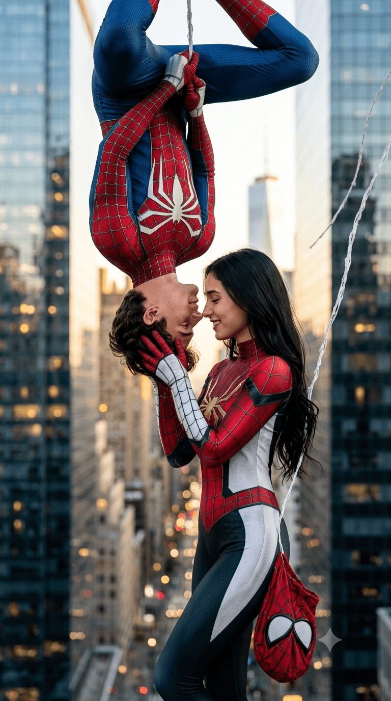 Result generated from Cinematic Spider-Man Couple AI Prompt | Photorealistic Superhero Portrait