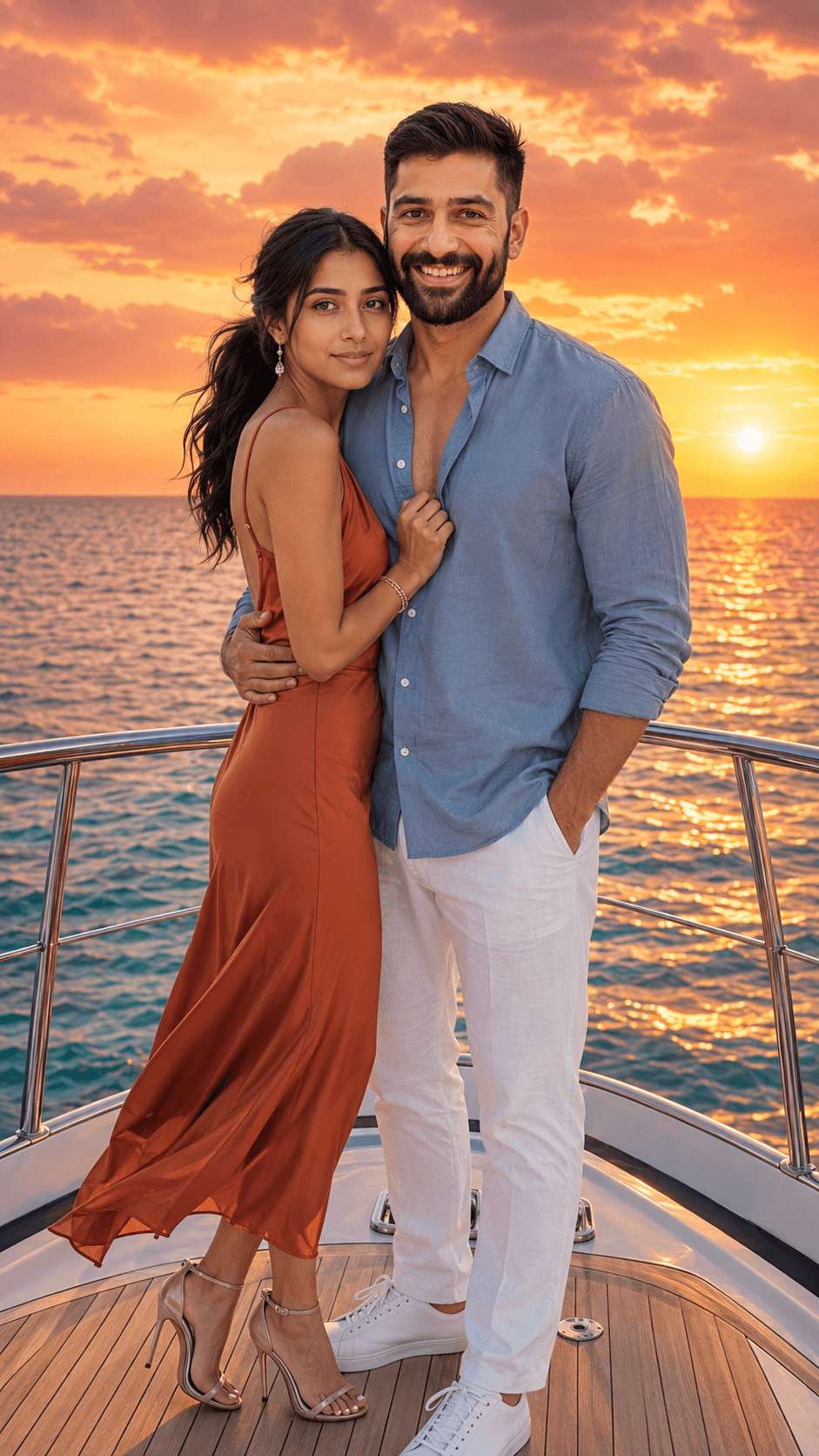Result generated from Romantic Luxury Yacht Couple AI Photo Prompt | Sunset Couple Portrait