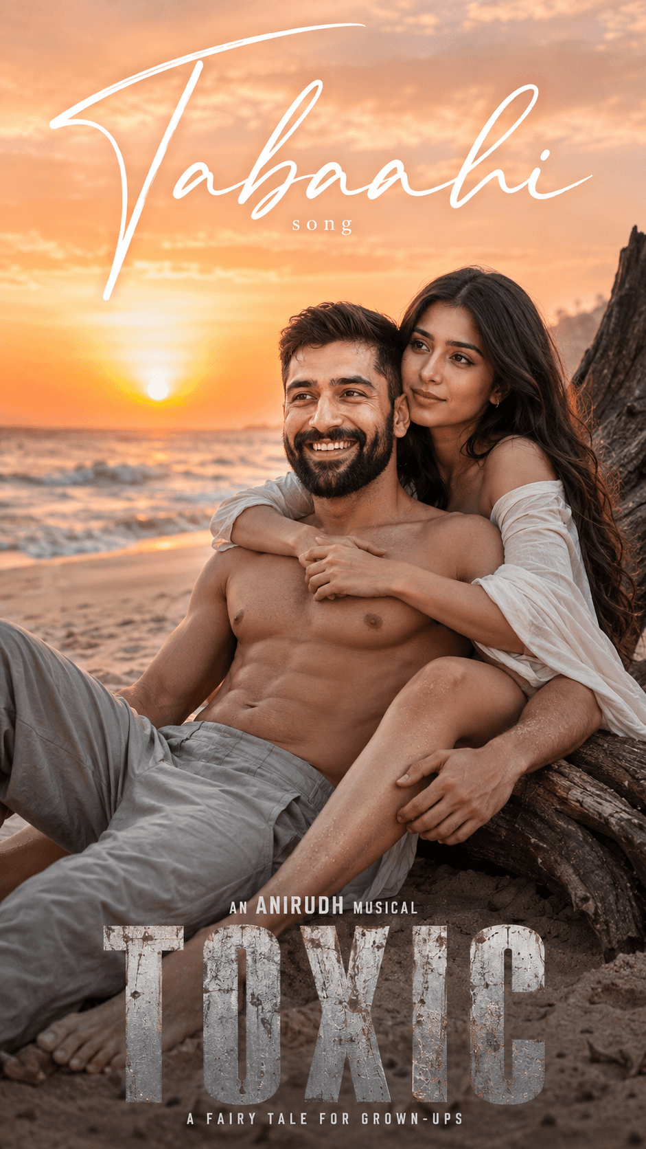 Result generated from Tabaahi Romantic Beach Couple AI Photo Prompt | Cinematic Sunset Poster