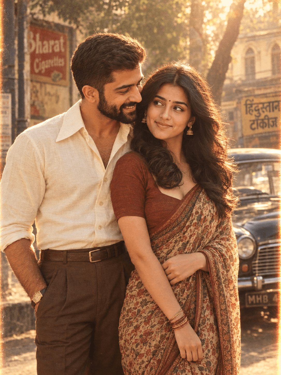 Result generated from 1980s Bollywood Couple AI Image Prompt | Vintage Indian Romance Cinematic Film Photography