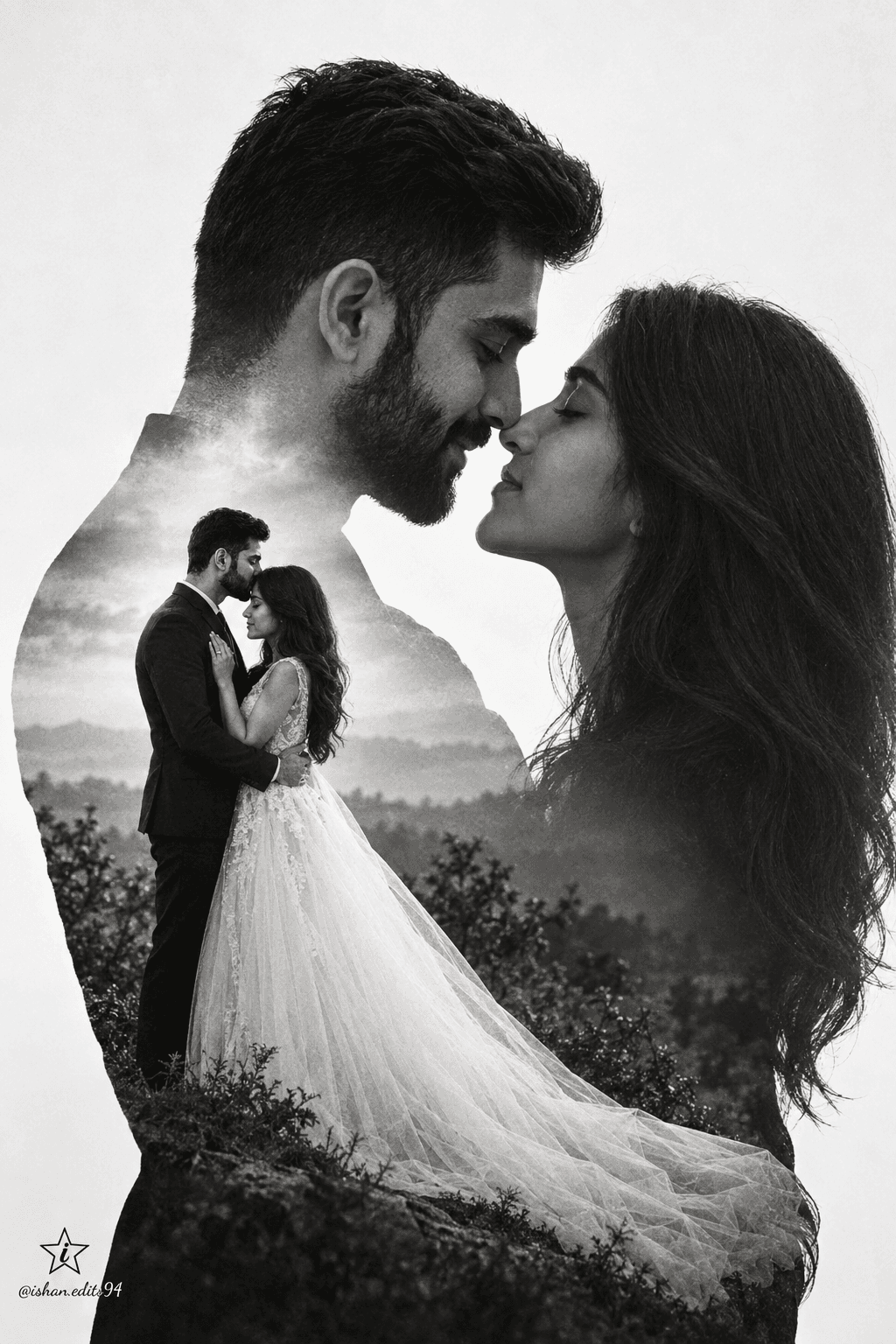 Result generated from Romantic Black & White Wedding Double Exposure AI Photo Prompt | Fine Art Couple Portrait