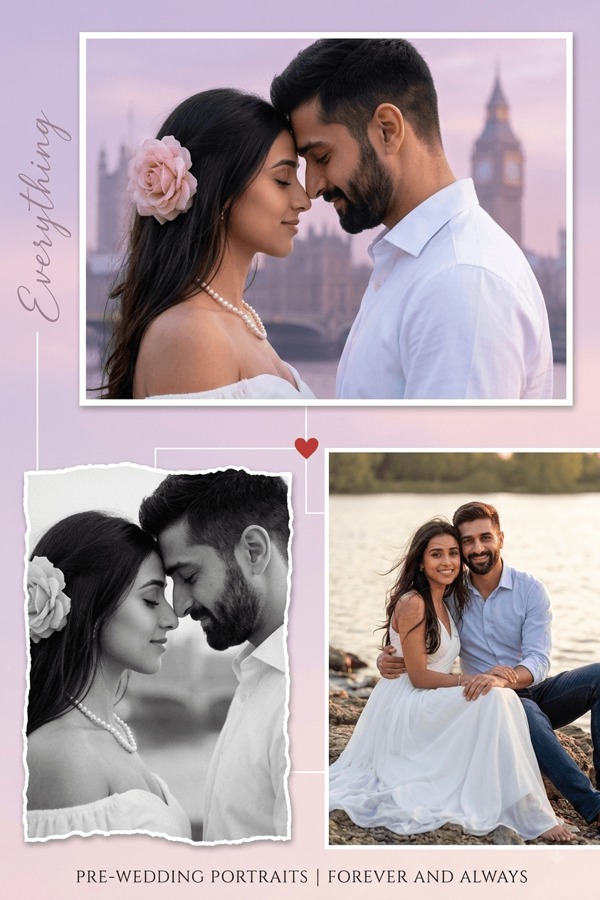 Result generated from Romantic Pre-Wedding AI Prompt | Cinematic London Couple Collage