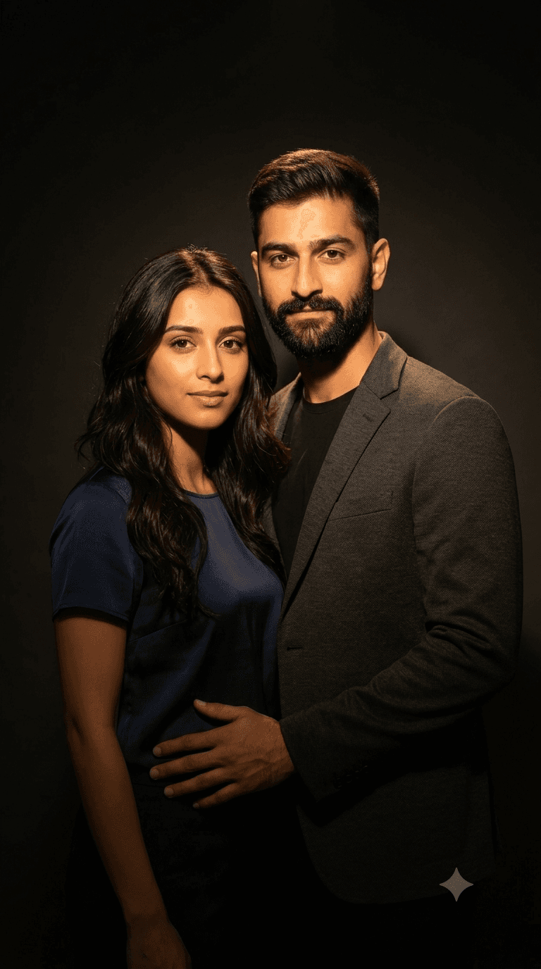 Result generated from Elegant Couple Portrait Prompt – Dark Minimalist Studio Photoshoot