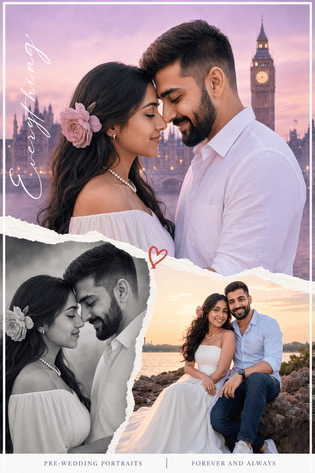 Result generated from Romantic Pre-Wedding Couple Portrait Prompt | Cinematic London-Themed AI Photo Collage