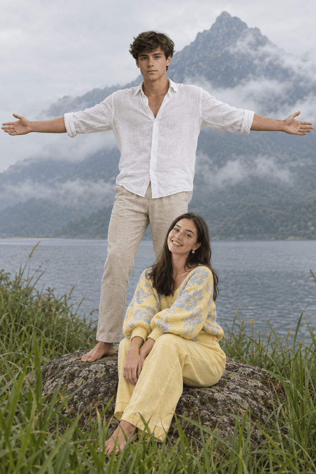 Result generated from Romantic Mountain Lake Couple AI Photo Prompt | Ultra-Realistic Outdoor Photography