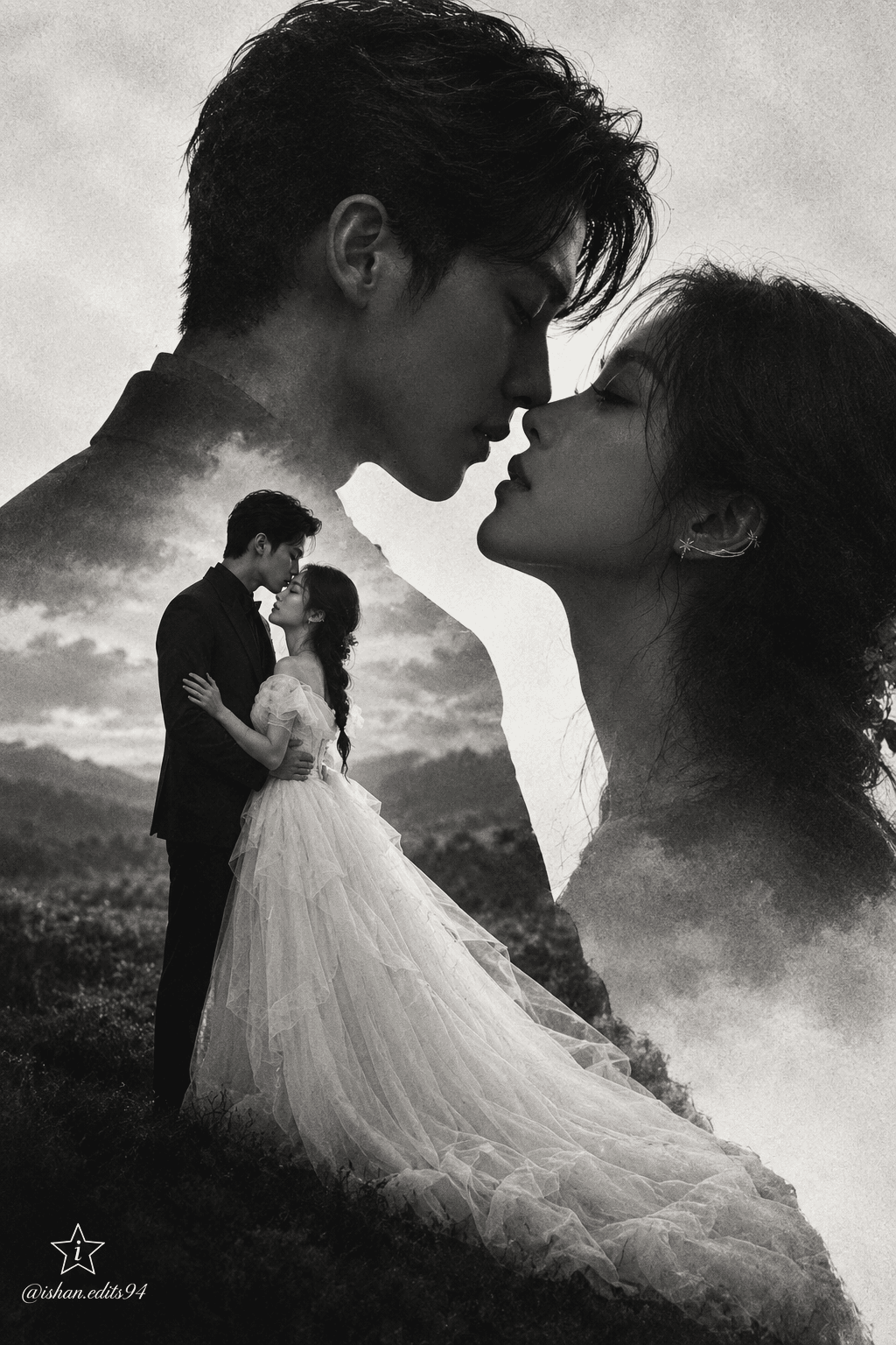 Result generated from AI Wedding Double Exposure Prompt | Romantic Black & White Fine Art Wedding Photography