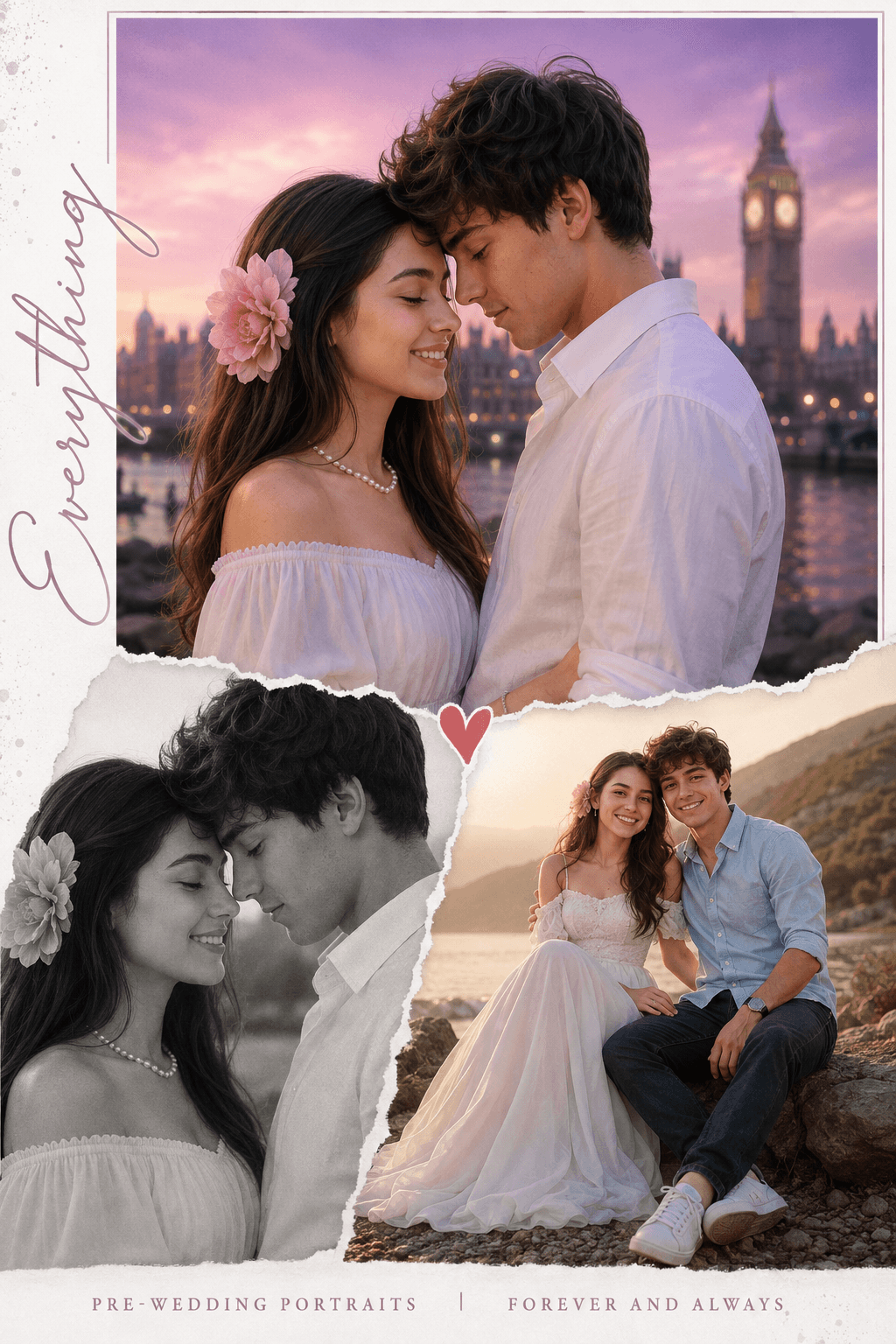 Result generated from Romantic Pre-Wedding Portrait Prompt – Cinematic London Couple Collage with Dreamy Sunset Photography