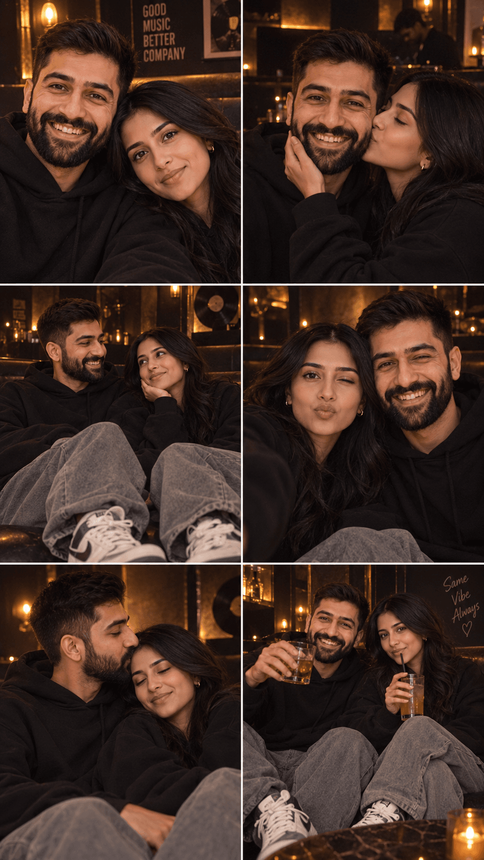 Result generated from AI Couple Photo Prompt – Ultra-Realistic 6-Photo Photostrip in Cozy Hip-Hop Lounge