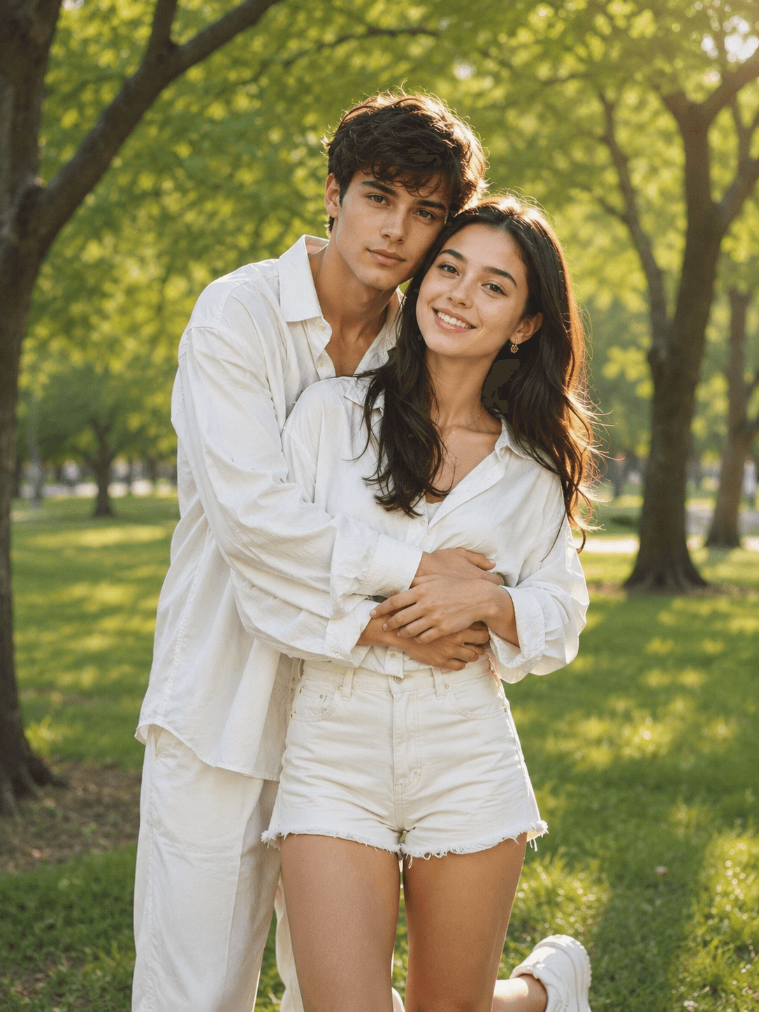 Result generated from Ultra-Realistic Romantic Couple Portrait in a Green Park | Golden Hour Couple AI Prompt