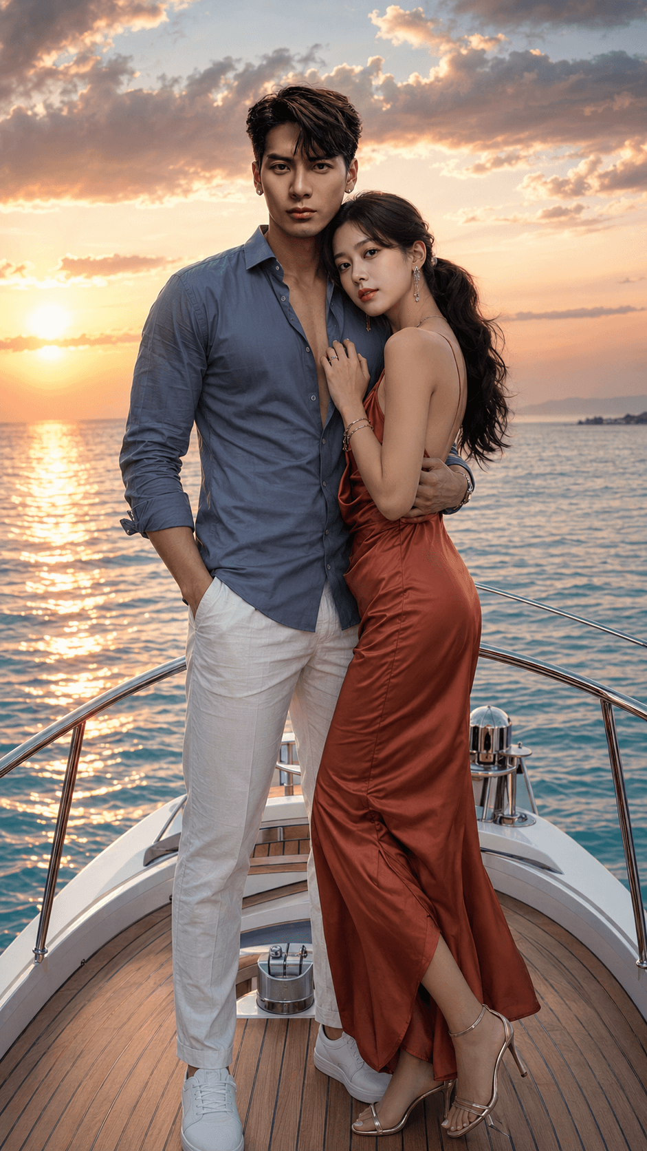 Result generated from Romantic Yacht Couple AI Photo Prompt | Cinematic Sunset Couple Portrait