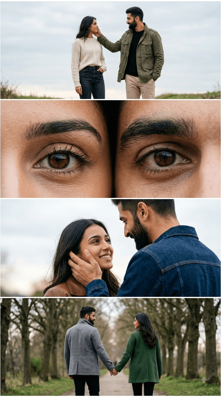Result generated from Cinematic 4-Panel Couple Storyboard AI Prompt | Midjourney & DALL-E 3