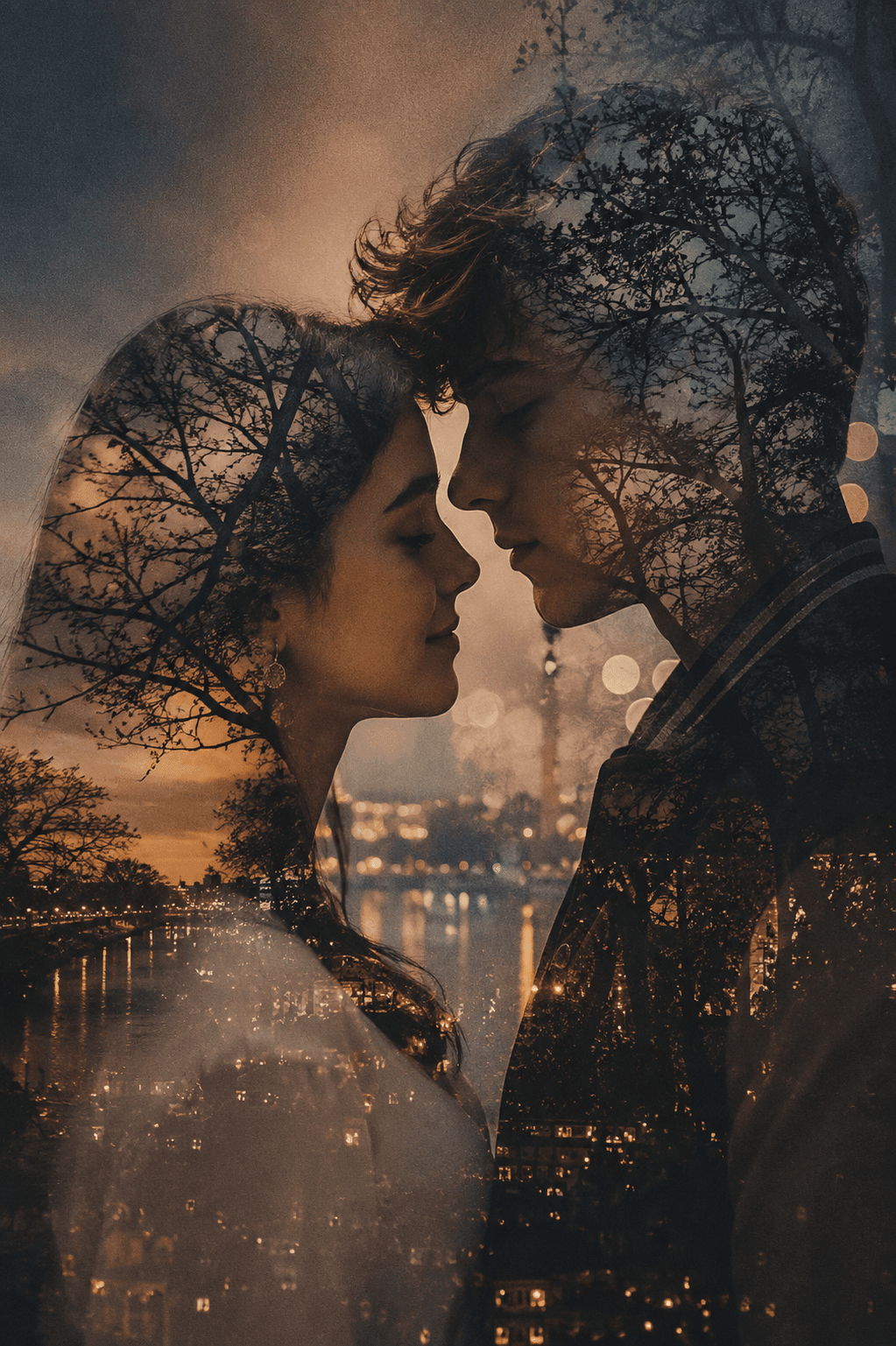 Result generated from Romantic Couple Double Exposure Photography AI Prompt | Cinematic Fine Art Portrait