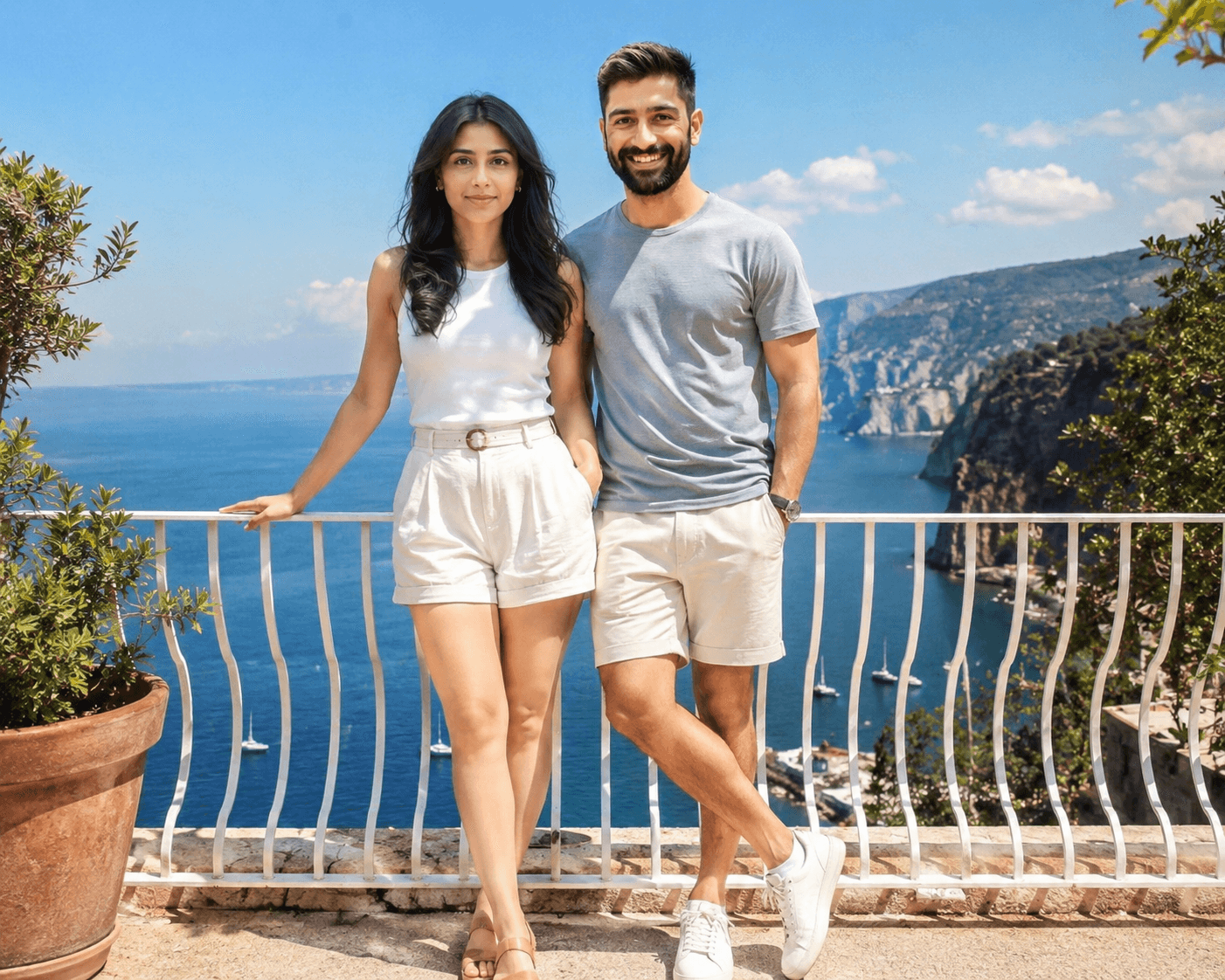 Result generated from Ultra-Realistic Romantic Couple Beach Balcony AI Photo Prompt | 8K Vacation Photography