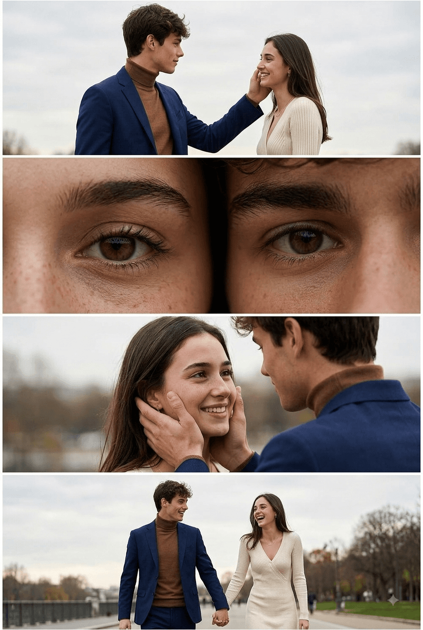 Result generated from Realistic Couple Photo Collage Prompt – 4-Panel Romantic Storyboard Generator
