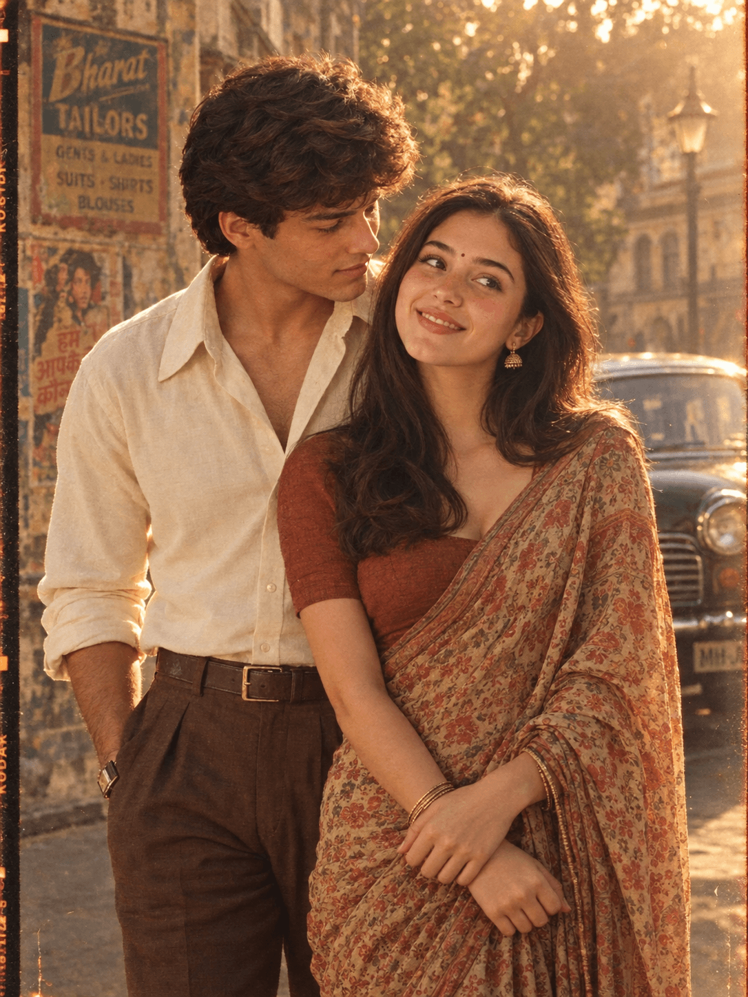 Result generated from 1980s Bollywood Couple AI Image Prompt | Vintage Indian Romance Cinematic Film Photo | Retro Saree Couple Prompt